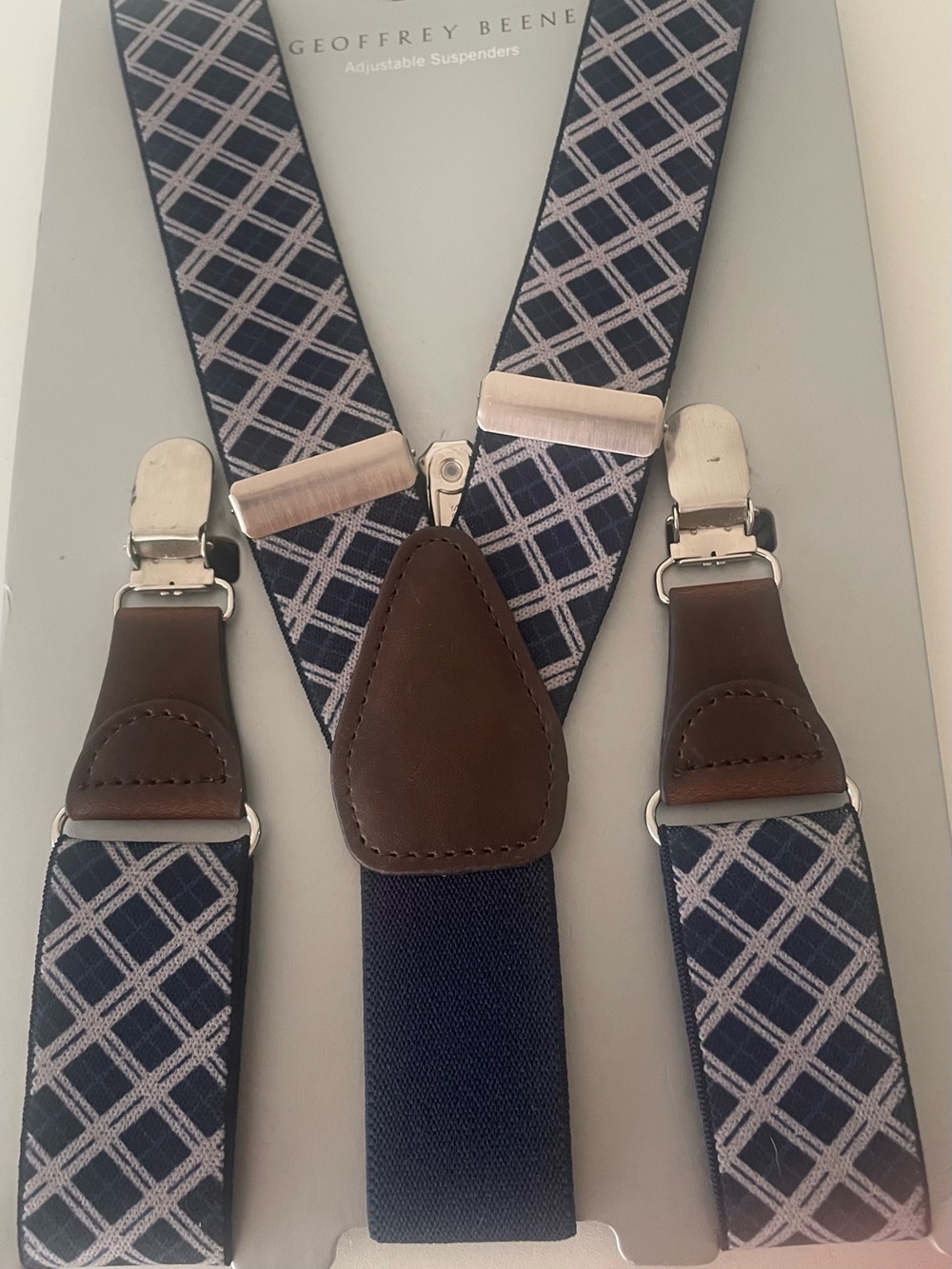 Geoffrey Beene Suspenders Navy and White Diagonal Stripes  New on Card Vintage